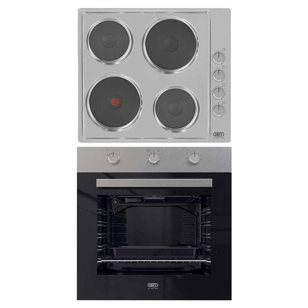 Defy Slimline Bundle - 60cm Glass Eye Level Oven Inox + 60cm 4 Solid Plates Hob Stainless Steel - DCB849E